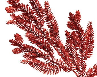 Könnte beinhalten: Ein roter Glitzerzweig mit einer Farnform. Der Zweig ist aus Kunststoff und hat einen Drahtstamm.