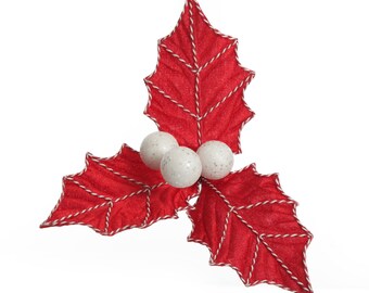 Red Christmas Holly Leaf Clip with Twine Trim