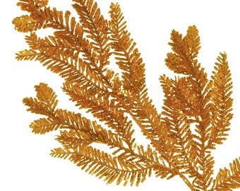 Könnte beinhalten: Ein goldener Zweig mit mehreren Ästen und kleinen, gefiederten Blättern. Der Zweig ist mit Glitzer bedeckt, was ihm ein funkelndes Aussehen verleiht.
