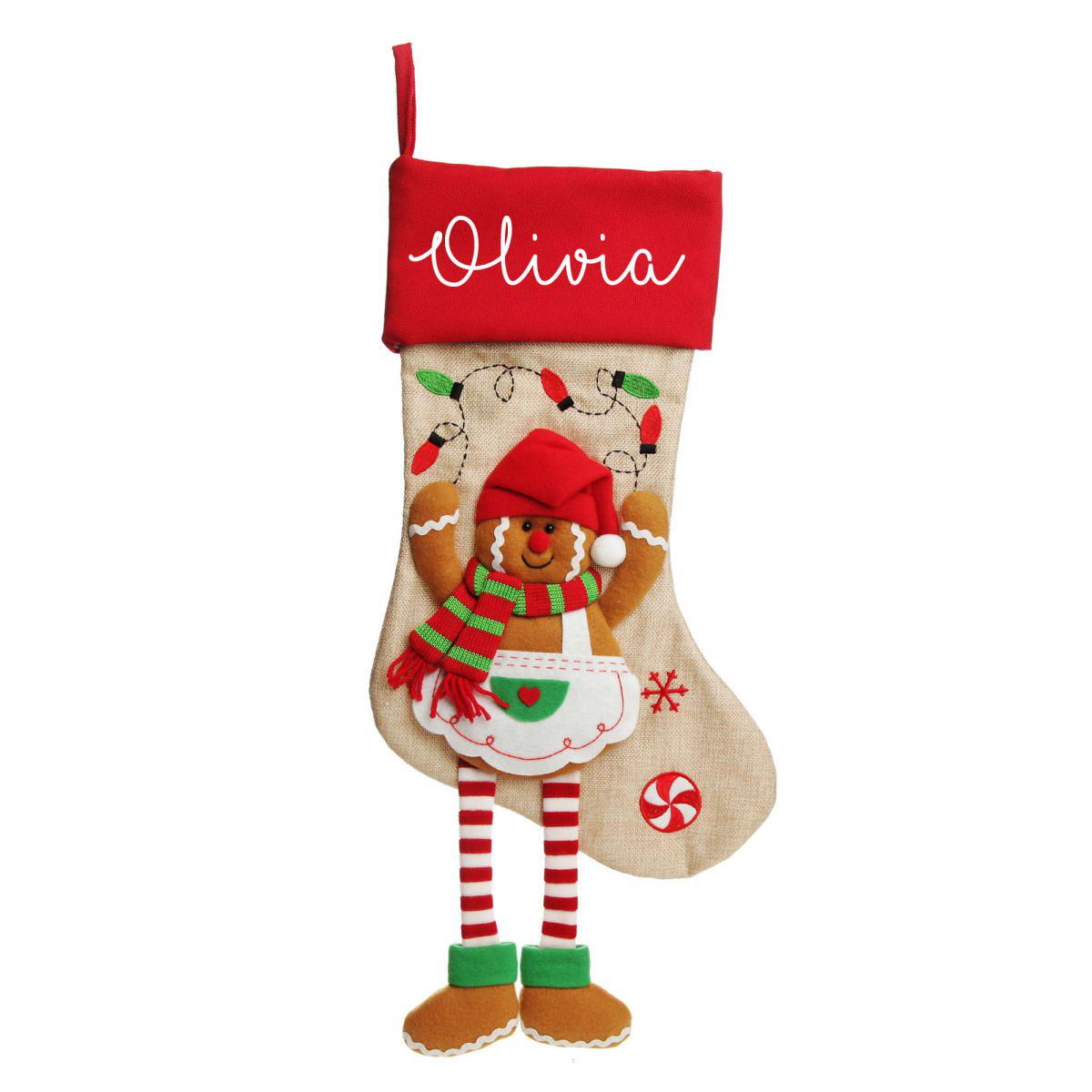 Personalised Gingerbread Girl Christmas Stocking with Dangly Legs