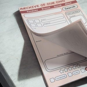 May include: A pink and white printable journal page with the text "ARCHIVE OF OUR OWN" at the top. The page is divided into sections for Fandoms, Browse, Search, About, Author, Categories, Review, Favorite Quote, Completed, and Kudos.