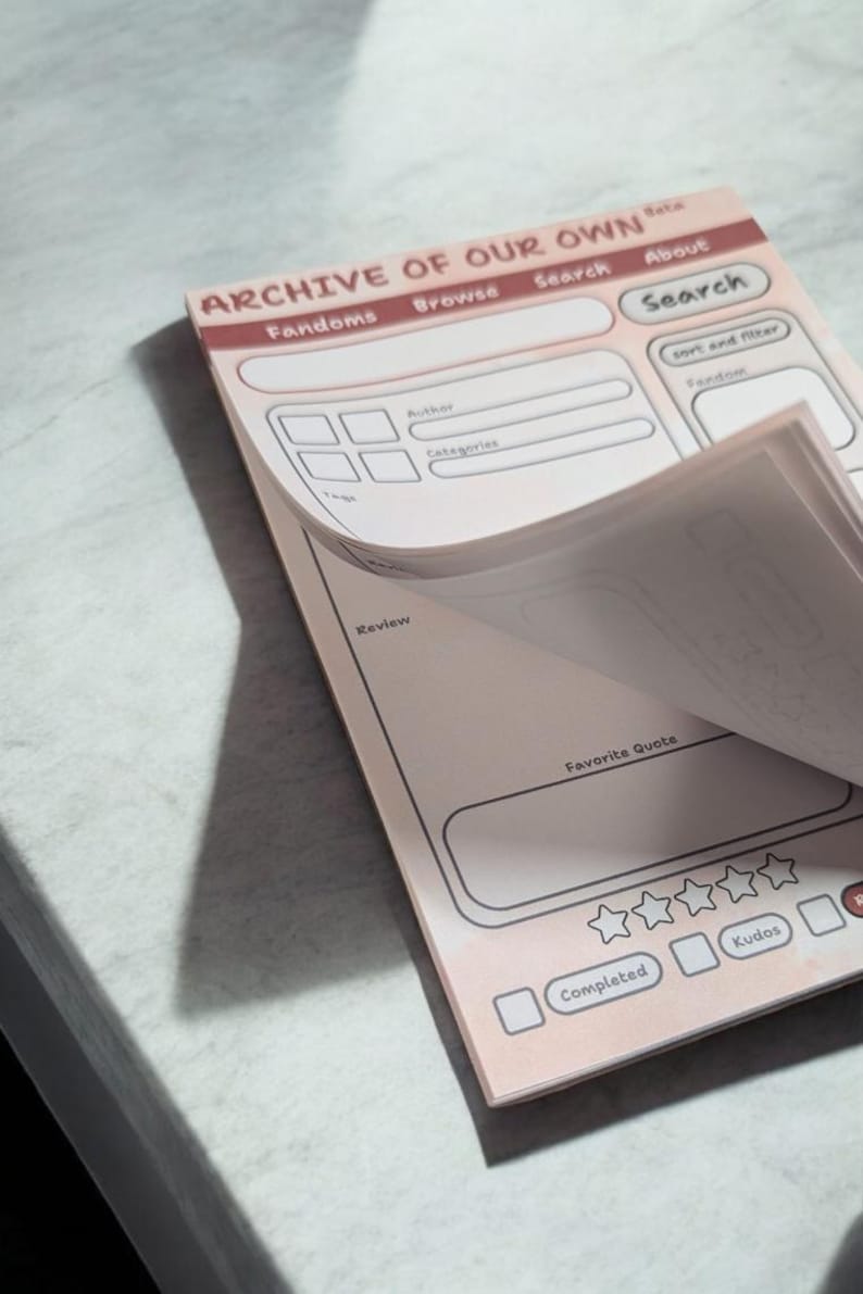 May include: A pink and white printable journal page with the text "ARCHIVE OF OUR OWN" at the top. The page is divided into sections for Fandoms, Browse, Search, About, Author, Categories, Review, Favorite Quote, Completed, and Kudos.