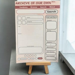 May include: A printable checklist for tracking fanfiction details, including fandom, author, categories, tags, pairing, chapters, word count, favorite quote, rating, and completion status. The checklist is titled "Archive of Our Own Beta" and has a search bar.