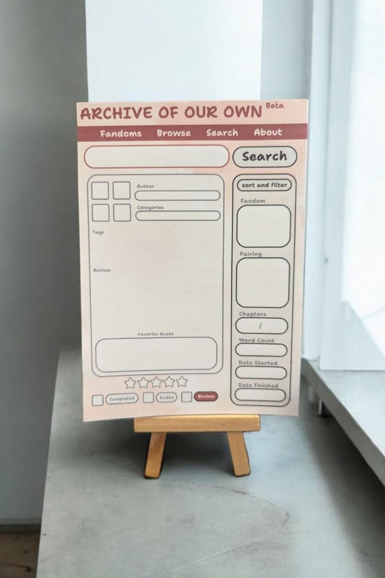 May include: A printable checklist for tracking fanfiction details, including fandom, author, categories, tags, pairing, chapters, word count, favorite quote, rating, and completion status. The checklist is titled "Archive of Our Own Beta" and has a search bar.