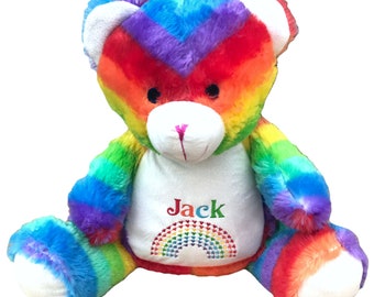 Rainbow Bear, Personalised Soft Toy,  Personalised Embroidered Teddy, Custom bear, girl / boy birthday gift. Rainbow Baby Gift