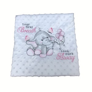 Embroidered White Baby Blanket, Sensory Baby Blanket, Baby Keepsake, Elephant Blanket, Nursery blanket, Personalized Blanket, Pink Elephant