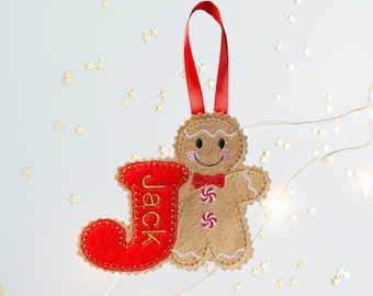 Personalised Gingerbread Man, Alphabet Red Felt Christmas Decoration.
