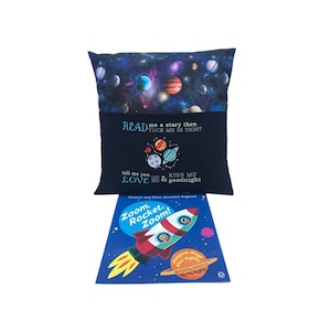 Embroidered Space Book Cushion: Children&#39;s Reading Pillow with Pocket