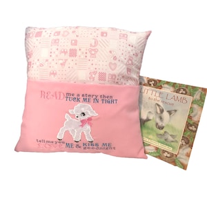 Embroidered Lamb Book Cushion: Pink Nursery Reading Pillow