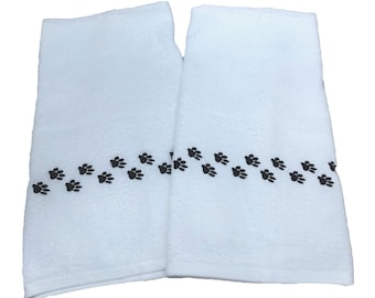 Paw Print Embroidered Hand Towels - Dog Lover Gift (Set of 2)