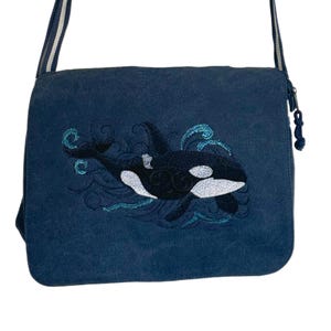 Embroidered Orca Whale Messenger Bag – Ocean Wildlife Cotton Canvas Laptop Bag