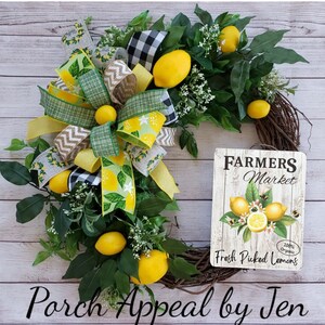 Lemon wreath for front door, Farmhouse summer decor, Rustic grapevine wreath, Kitchen wall accent, Farmers market wreath, gift idea