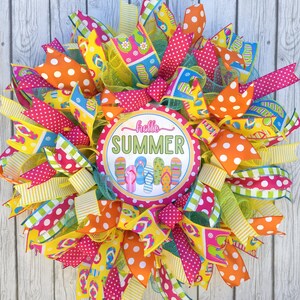 Hello Summer Wreath, Flip Flop Door Hanger, Colorful Mesh Wreath, Pool Party Decor, Bright Summer Front Door Wreath