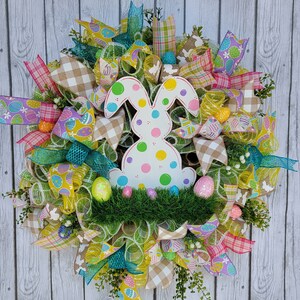 Pastel Easter Bunny Wreath, Easter egg decor, Spring Door Decor, Colorful Egg Wreath, Polka Dot Bunny Wall Hanging, Easter Front Porch