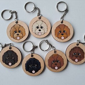 Puede incluir: Siete llaveros de madera con diferentes caras de perros de colores. Cada llavero es redondo y tiene un llavero plateado.