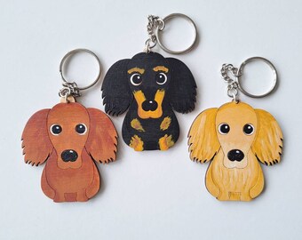 Long Haired Dachshund Wooden Keyring, Dog Key ring, Keyring, Keychain, Dog Key chain, Dachshund Gift, Dachshund