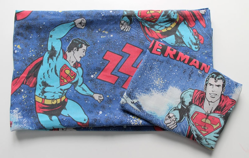 Vintage Superman Twin FLAT Bed Sheet and Standard Pillowcase 1978