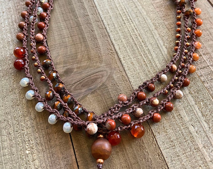 Multi Wrap Crochet Necklace Gemstones and Czech Beads, Wraps 2 or 3