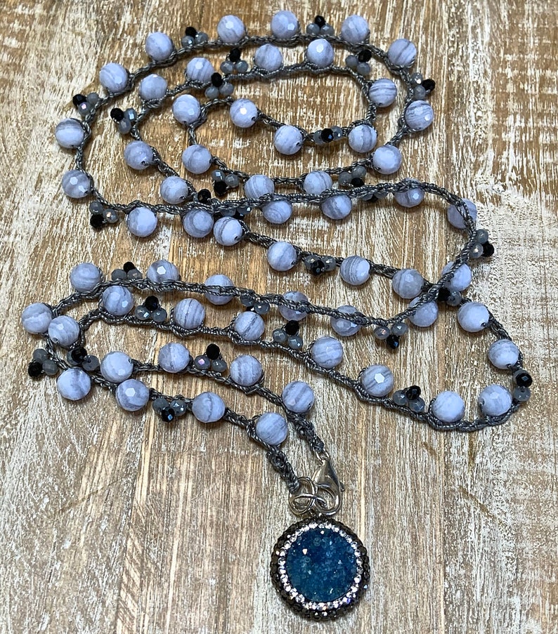 Two strand blue crochet necklace gemstones blue lace agate Etsy