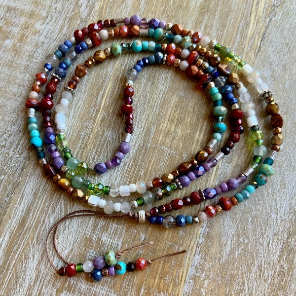 Multi color gemstone necklace, moonstone, garnet, peridot and turquoise, plus Czech beads, crystals & silver beads, fun, festival necklace