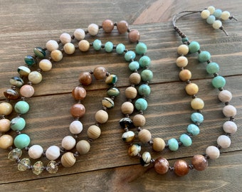 Hand knotted gemstone necklace, peach moonstone, aqua terra jasper, river stone, agate, crystal and Czech beads, long gemstone boho necklace