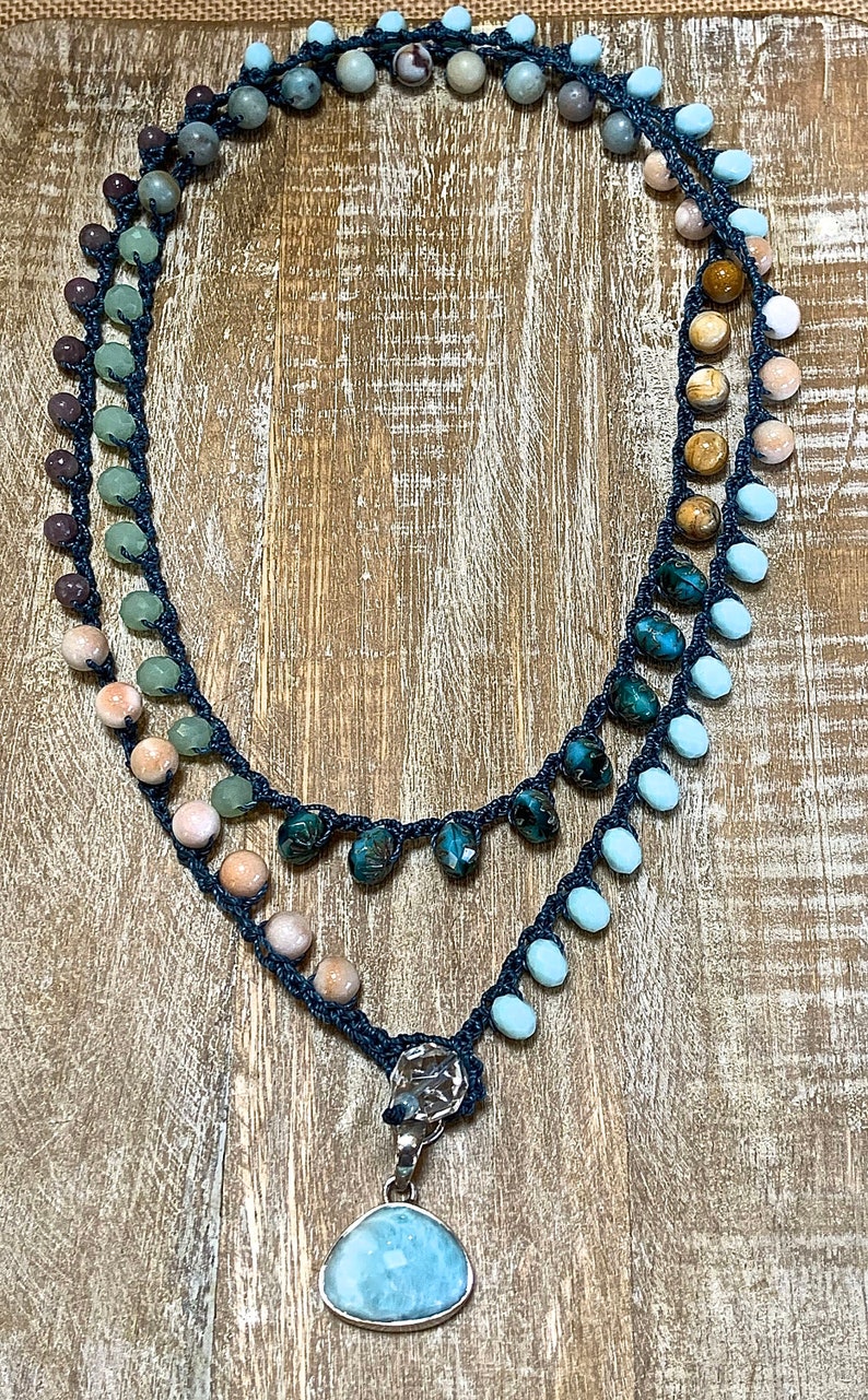 Multi color crocheted necklace gemstones & fancy Czech Etsy