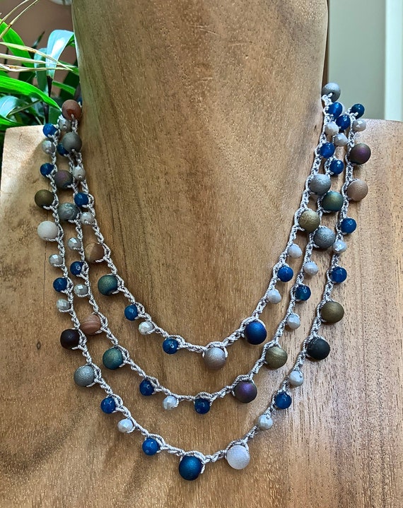 Long Beaded Crocheted Necklace Druzy Beads Cobalt Agate and | Etsy