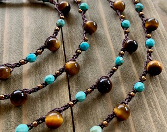 Southwest style crochet necklace, faceted turquoise and tiger eye beads, tiiny bronze seed beads, double wrap bead crochet necklace