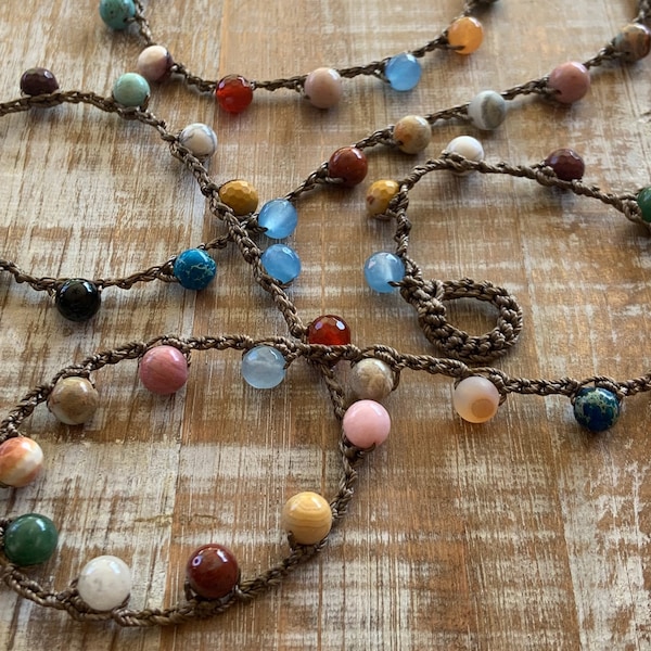 Multi color gemstone crocheted necklace, all types gemstone beads- jasper, agate, amazonite and mookaite, boho, fun, coloroful wrap necklace