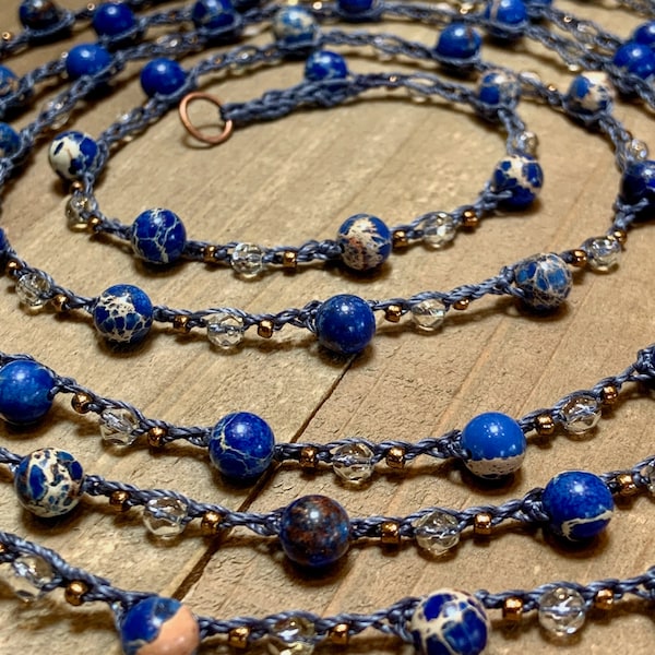 Denim blue crochet necklace, blue impression jasper beads, fire polished Czech beads & tiny copper seed beads, multi wrap crochet necklace