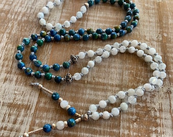 108 bead mala necklace, knotted prayer beads, azurite calcite and moonstone beads, sterling silver accent beads, simple meditation mala