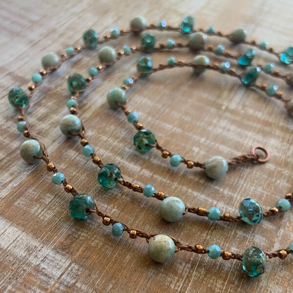 Two stand crochet necklace, amazonite beads, Picasso Czech beads, turquoise crystsal &  bronze seed beads, double wrap bead crochet necklace