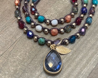 Multi color crochet necklace, all colors Czech beads, sweet and simple, amethyst and gold leaf charms, boho style everyday crochet necklace