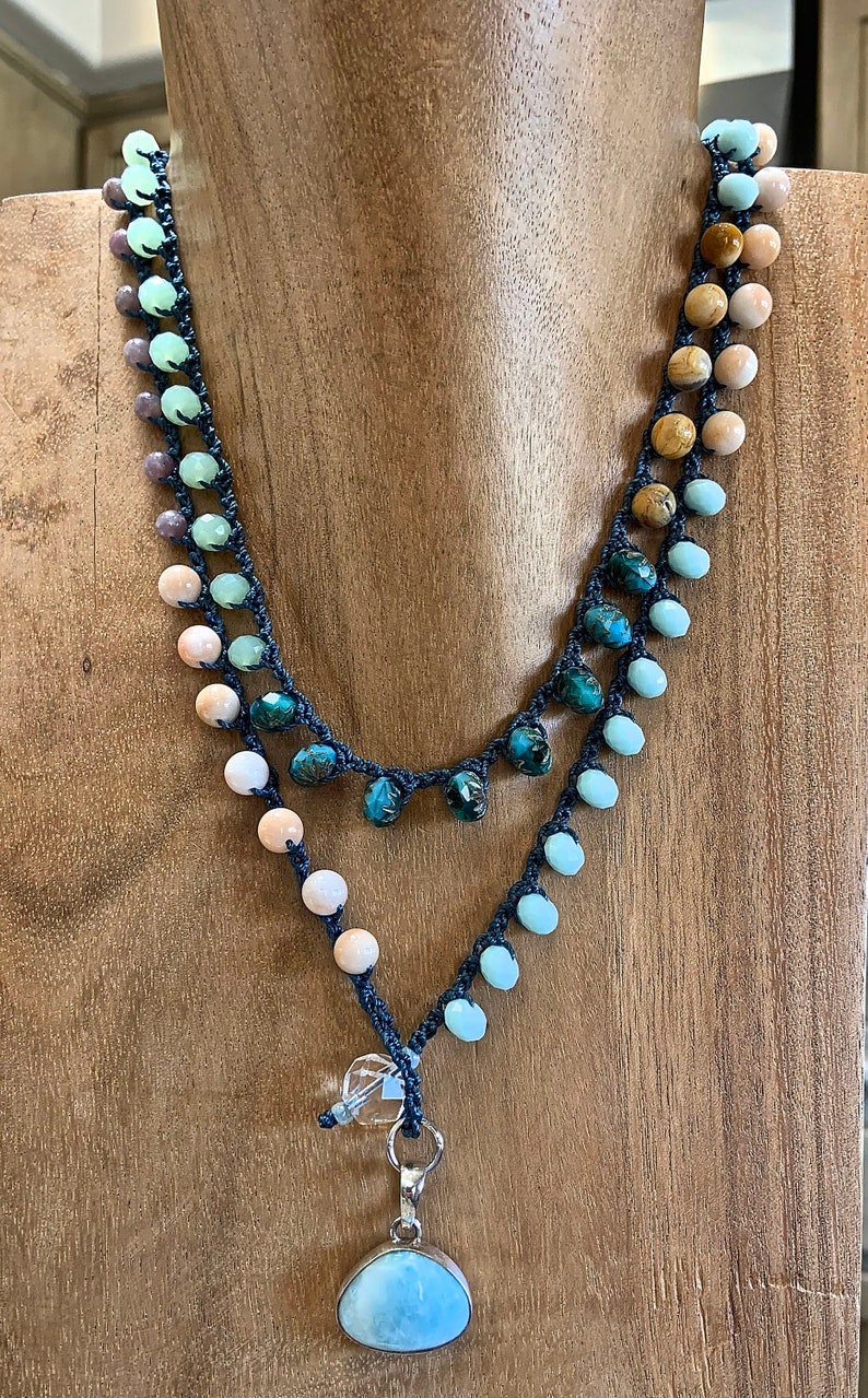 Multi color crocheted necklace gemstones & fancy Czech Etsy