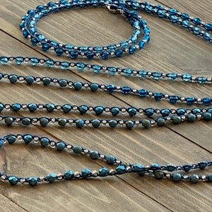 Jewel tone blue wrap around crochet necklace, Czech beads - fire polished, metallic and Picasso, turquoise, aqua and midnight blue