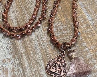 Long crocheted necklace, boho style wrap necklace, copper Czech beads and bronze seed beads,  copper Buddha charm and tiny tassel