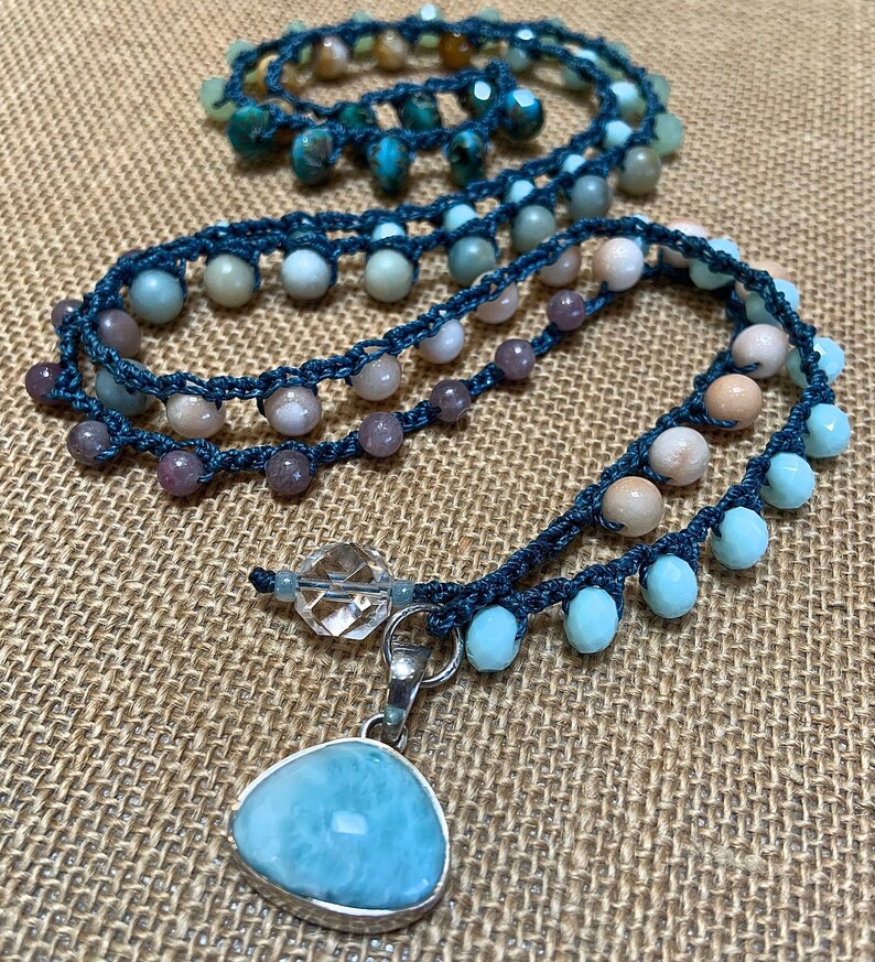 Multi color crocheted necklace gemstones & fancy Czech Etsy