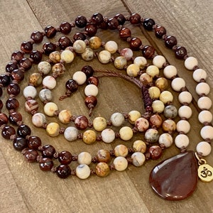 Gemstone knotted prayer beads,  108 beads, crazy lace agate, tiger eye and river stone beads , jasper teardrop pendant and tiny Ohm charm
