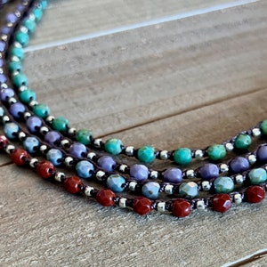 Rosary style wrap necklace, three or four time wrap crocheted necklace - fire polish Czech beads in turquoise, garnet, lavender and blue