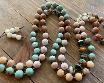 Hand knotted gemstone necklace, peach moonstone, aqua terra jasper, river stone, agate, crystal and Czech beads, long gemstone boho necklace