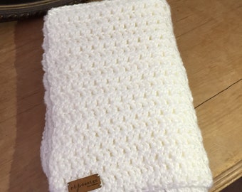 Handmade crocheted white baptism/christening blanket
