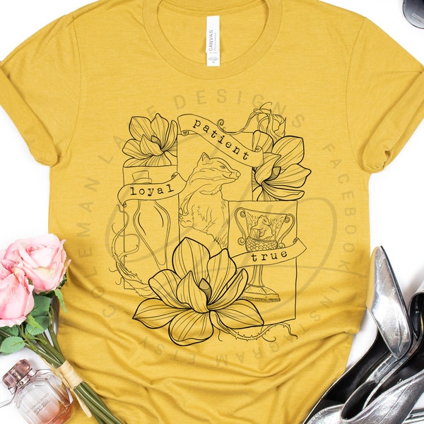 Floral Yellow House Badger Mascot Patient Loyal True | Next Level Super Soft Graphic T-Shirt | Single Color Print | Vanilla Mustard Gray