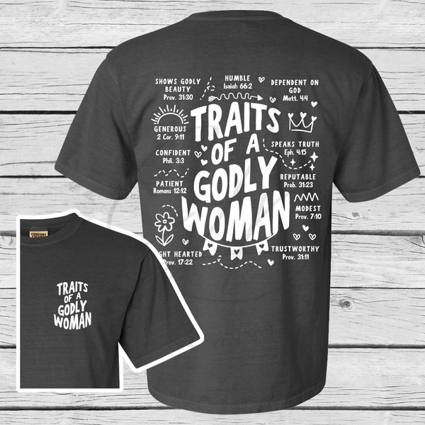 Traits Of A Godly Woman | Comfort Colors Pepper Full Size Back Imprint with Front Pocket Design | Religious Inspirational Motivational Bible
