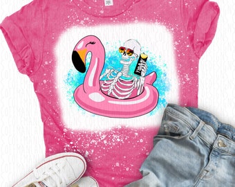 Flamingo Float Pool Skellie with Alcoholic Beverage Super Soft Bleached Graphic T-Shirt Women's Boutique Summer Fashion