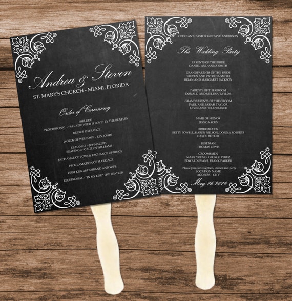 Chalkboard Vintage Wedding Program Fan Template Diy Reception Etsy