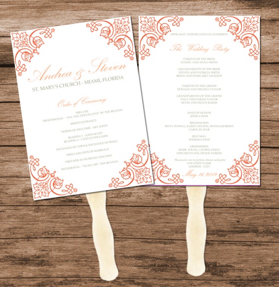 Peach Vintage Wedding Program Fan Template Digital Reception Etsy