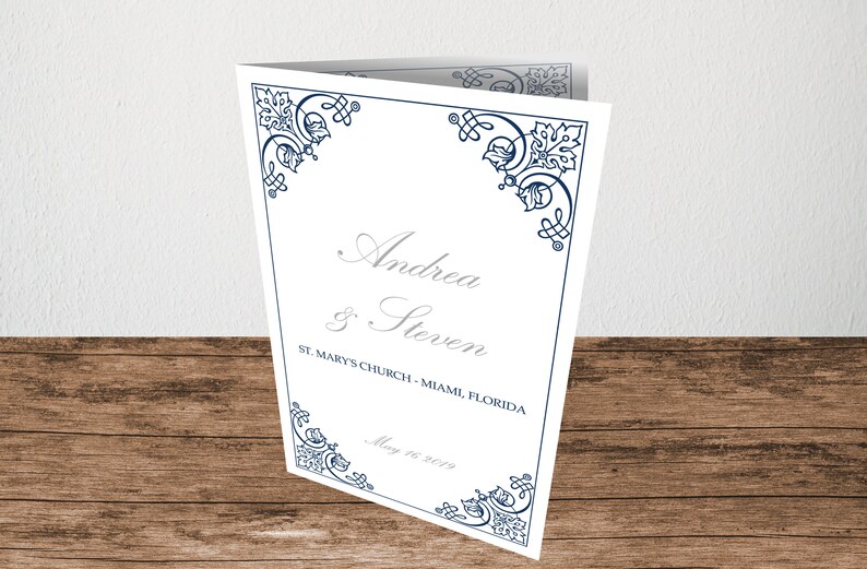 Blue Vintage Foldover Wedding Program Template Diy Reception Etsy