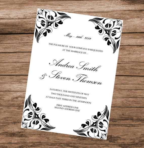 Diy Wedding Invitation Template Black And White Vintage Etsy