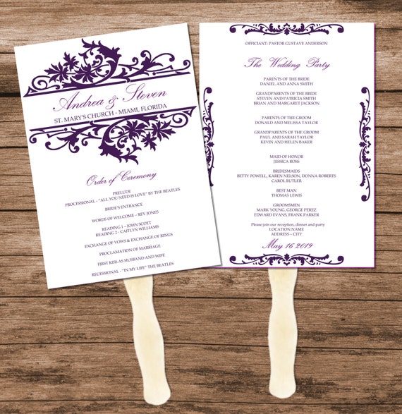 Purple Diy Wedding Program Fan Template Instant Download Etsy