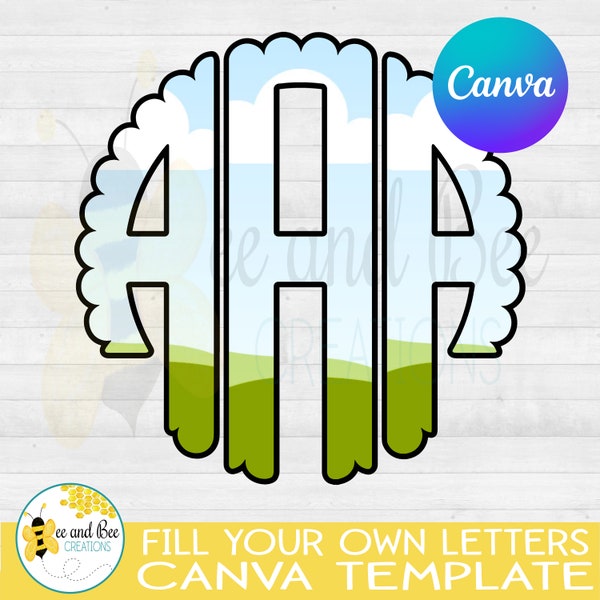 Fill your own Scallop monogram Letters on CANVA, Sublimation Drag and Drop Alphabet Letters PNG Editable Canva Frame Designs